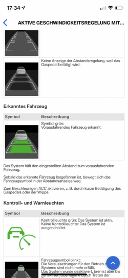 Aktive Geschwindigkeitsregelung mit Stop&Go Funktion ACC funktioniert