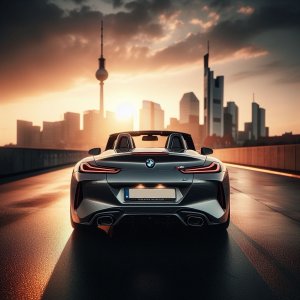 BMW Z4 im Sonnenuntergang vor City-Skyline