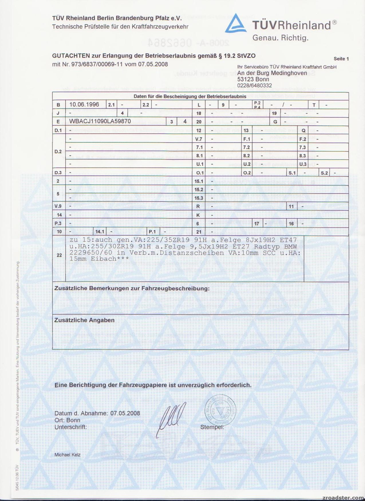 BMW E46 M3 Felgen Gutachten für BMW Z3